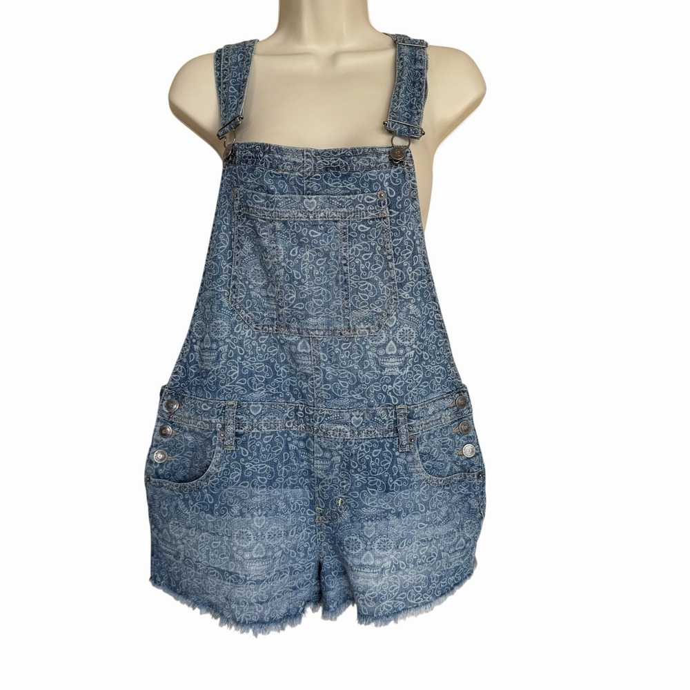 Bethany Mota Sugar Skull Denim Romper Shortalls Sz Medium Frayed Festival Grunge